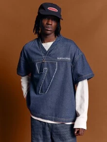 SUMWON Oversized Denim V-Neck Short Sleeve Top With Frayed Number 7 Applique And Brand Logo Detail - Blue - View 4