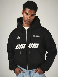 SUMWON Full-Zip Oversized Hoodie With Bold Logo Print And Los Angeles Script Detail - Black - View 1
