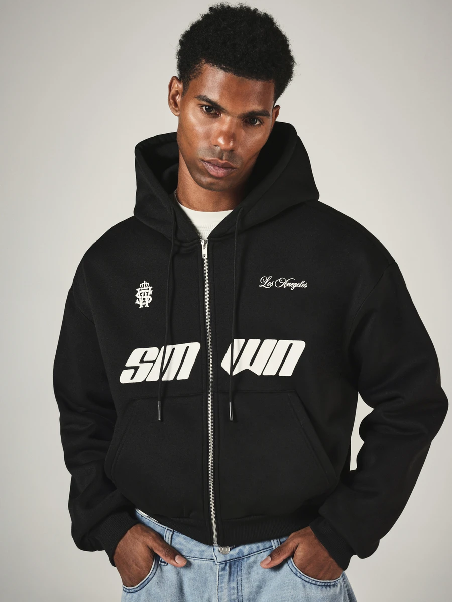 SUMWON Full-Zip Oversized Hoodie With Bold Logo Print And Los Angeles Script Detail - Black - View 1
