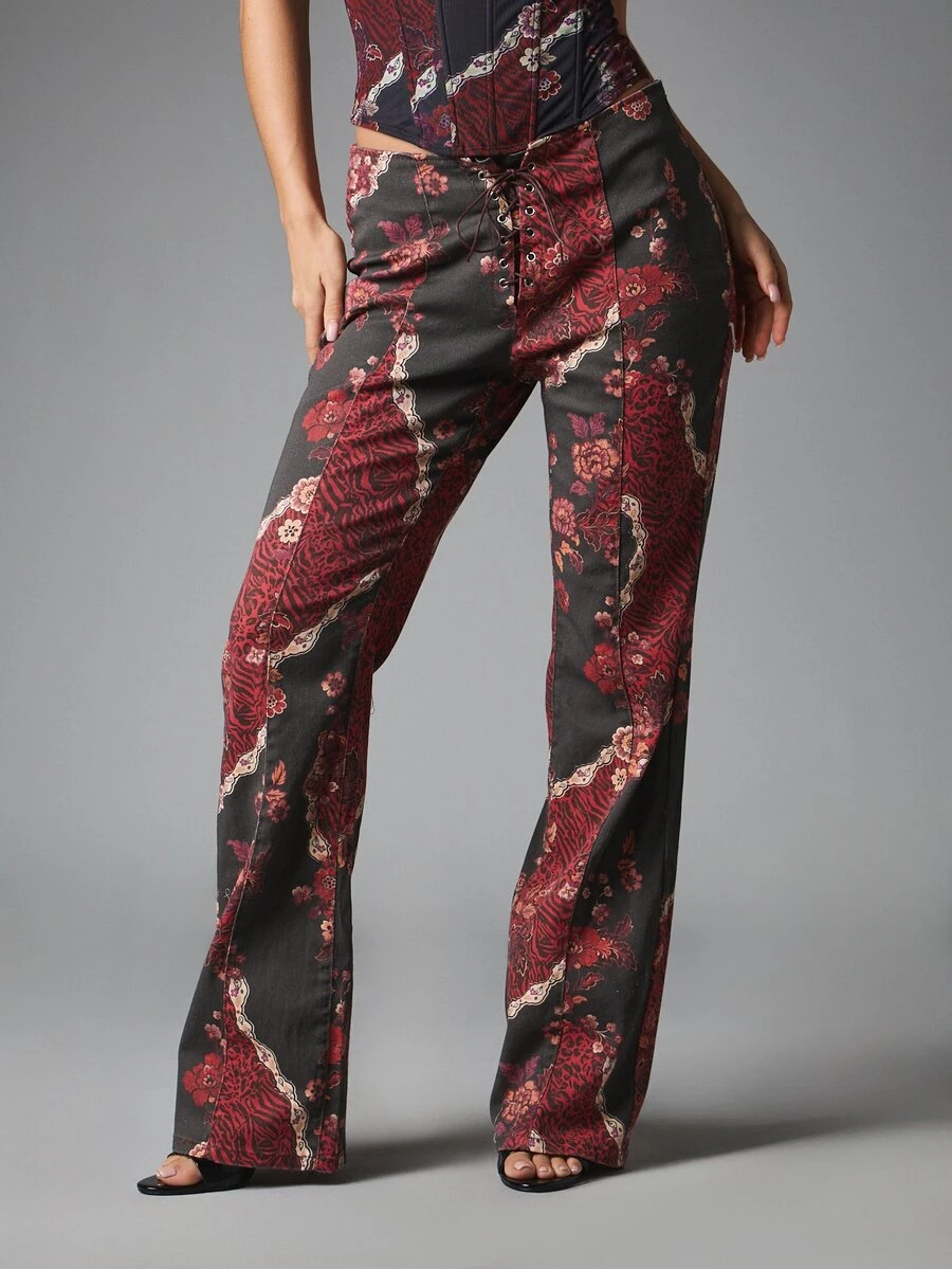 MISSGUIDED High Rise Flared Pants With Lace-Up Front Detail In Mixed Floral And Tiger AOP Print Full Length Leg - Multicolor - View 1