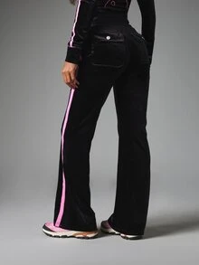 Missguided x Playboy Velvet Flared Trousers With Pink Contrast Piping Side Stripe And Embroidered Script Logo High Rise Full Length - Black - View 5