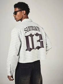SUMWON Crop Fit Checked Grid Long Sleeve Button-Up Shirt With Gothic Back Logo Graphic Print And Chest Pocket Oversized Fit - Black and White - View 1