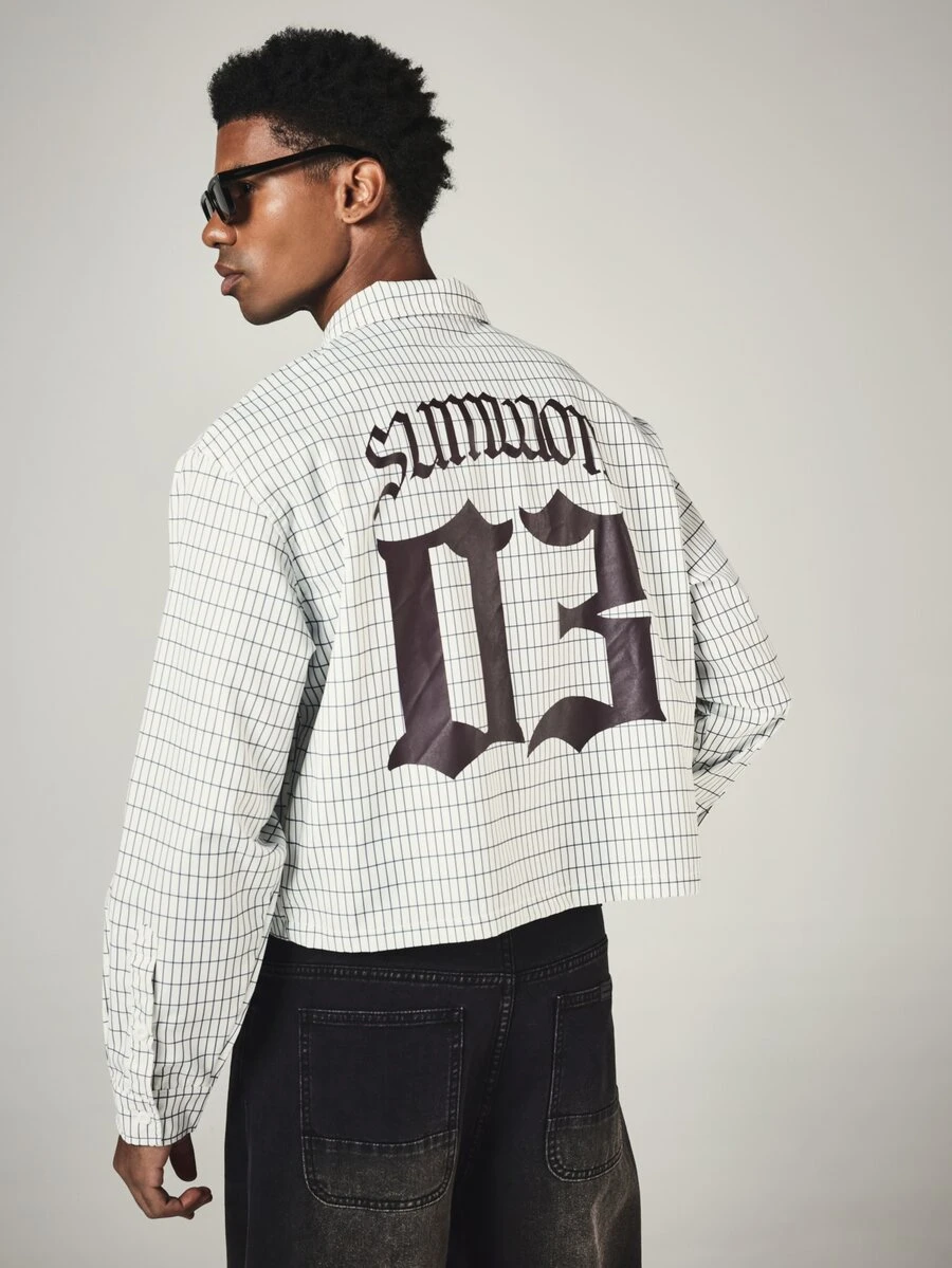 SUMWON Crop Fit Checked Grid Long Sleeve Button-Up Shirt With Gothic Back Logo Graphic Print And Chest Pocket Oversized Fit - Black and White - View 1