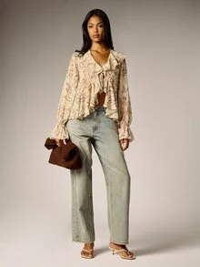 AiiRZ Snake Print Chiffon Ruffle Blouse With V-Neck Bell Sleeves Tie Front Detail And Flowy Cropped Silhouette - Multicolor - View 3
