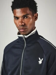 PLAYBOY X SUMWON Bunny Logo Full Zip Track Jacket With White Contrast Piping Ribbed Collar And Cuffs Casual Streetwear Style - Navy Blue - View 5