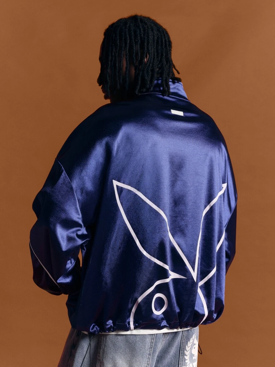 PLAYBOY X SUMWON Satin Oversized Full-Zip Track Jacket With Bunny Logo Back Print And Contrast Piping Detail - Navy Blue - View 1