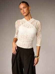 AiiRZ Floral Lace Classic Bodysuit With Wrap Cross-Front V-Neckline, 3/4 Fitted Sleeves, Ruched Waist And Semi-Sheer Elegant Design - White - View 4
