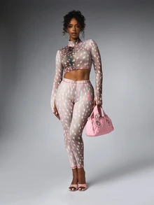 BABYPHAT Deer Fawn Print High Waist Leggings With Pink Logo Detail And Contrast Stitching Trim - Brown - View 2