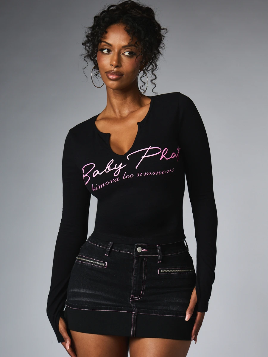 BABYPHAT By Kimora Lee Simmons Long Sleeve Crop Top With Notch Neckline And Script Logo Chest Print Slim Fit Everyday Streetwear - Black - View 1