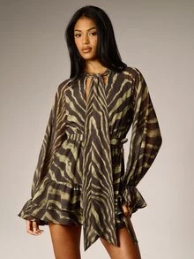 AiiRZ Zebra Print Chiffon Mini Dress With High Neck Tie Detail Bell Sleeves Ruffle Hem And Belted Waist - Multicolor - View 1