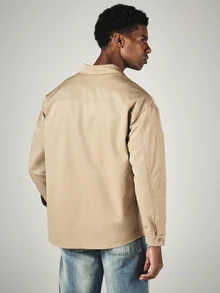 SUMWON Patch Detail Oversized Long Sleeve Button-Up Shirt With Chest Pocket And Side Pockets Casual Streetwear Overshirt - Khaki - View 2