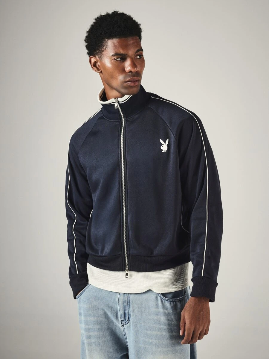 PLAYBOY X SUMWON Bunny Logo Full Zip Track Jacket With White Contrast Piping Ribbed Collar And Cuffs Casual Streetwear Style - Navy Blue - View 1