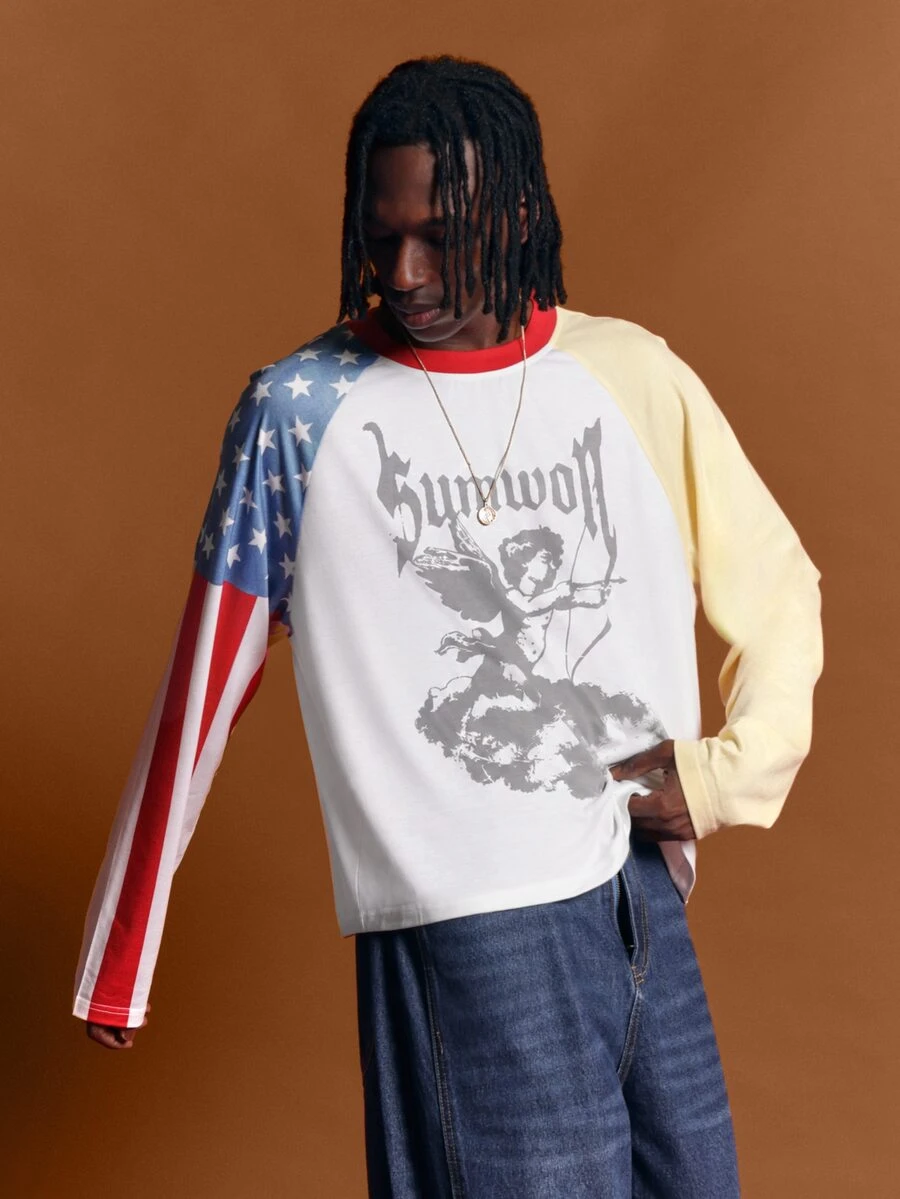 SUMWON Graphic Angel Print Long Sleeve Oversized Raglan Tee With American Flag Sleeve And Contrast Red Ringer Neckline - Multicolor - View 1