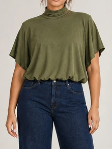 ELLERISSA Plus Size Army Green High Neck Short Sleeve Bubble Hem Top - Army Green - View 7