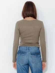 Pimkie Edition Women's Solid Color Front Tie Long Sleeve Cutout Design Casual T-Shirt - Army Green - View 2