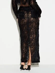 KIZN Sheer Black Floral Rose Lace Maxi Skirt With Button Closure Mid Rise Bodycon Pencil Silhouette Back Split Evening Skirt - Black - View 2