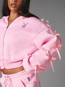 Missguided x Playboy Cropped Full-Zip Sweatshirt With Rhinestone Logo Satin Ribbon Bow Sleeve Detail Oversized Casual Streetwear - Pink - View 6