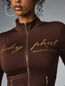 BABYPHAT Gold Script Logo Zip-Up Collared Crop Jacket With Side Zip Pockets And Fitted Long Sleeves Streetwear Style - Coffee Brown - View 4