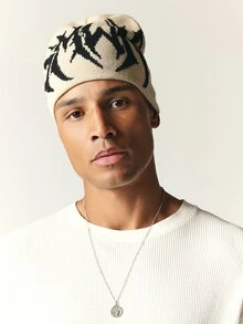 SUMWON Knit Beanie Hat With Bold Gothic Metal Logo Intarsia Print Slouchy Fit Cuffless Skull Cap - Beige - View 1