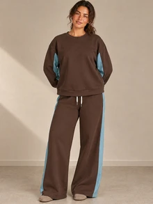 ELLERISSA Plus Size Brown Colour Block Plus Size Sweatshirt & Wide Leg Pants Co-Ord Set - Multicolor - View 5