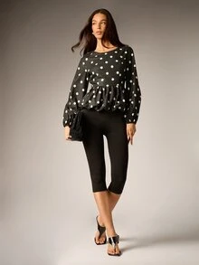 AiiRZ Polka Dot Satin Puff Sleeve Peplum Blouse With Scoop Neck And Ruffle Hem Detail For Casual Evening Wear - Black and White - View 3