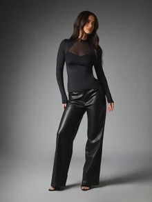 MISSGUIDED Long Sleeve Slim Fit Top With Sheer Mesh High Neck And Sweetheart Bustier Panel Detail - Black - View 5