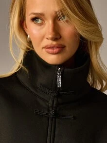AiiRZ Oversized Full-Zip Sweatshirt With High Neck Frog Closure Detail And Branded Zipper Pull Casual Everyday Pullover Top - Black - View 2