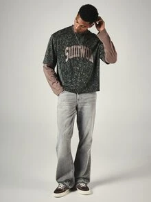 SUMWON Acid Washed Boxy Crop Crew Neck Short Sleeve Graphic Text T-Shirt Streetwear Casual Everyday Top - Multicolor - View 3