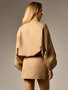 AiiRZ Oversized Balloon Sleeve Stand Collar Jacket With Scattered Crystal Rhinestone Floral Embellishments Elegant Evening Outerwear - Khaki - View 3