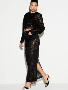 KIZN Sheer Black Floral Rose Lace Maxi Skirt With Button Closure Mid Rise Bodycon Pencil Silhouette Back Split Evening Skirt - Black - View 5