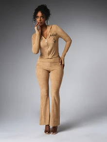 BABYPHAT Velour Flared Pants With Logo Embroidered Waistband Low Rise Full Length Bootcut Silhouette Casual Everyday Style - Brown - View 2