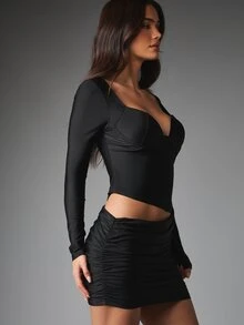 MISSGUIDED Long Sleeve Sweetheart Neckline Bodycon Mini Dress With Ruched Skirt And Midriff Cut-Out Detail Night Out - Black - View 4