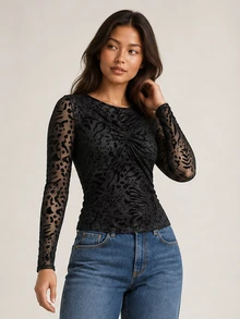ELLERISSA Black Animal Devore Mesh Round Neck Long Sleeve Twist Front Fitted Top - Black - View 6