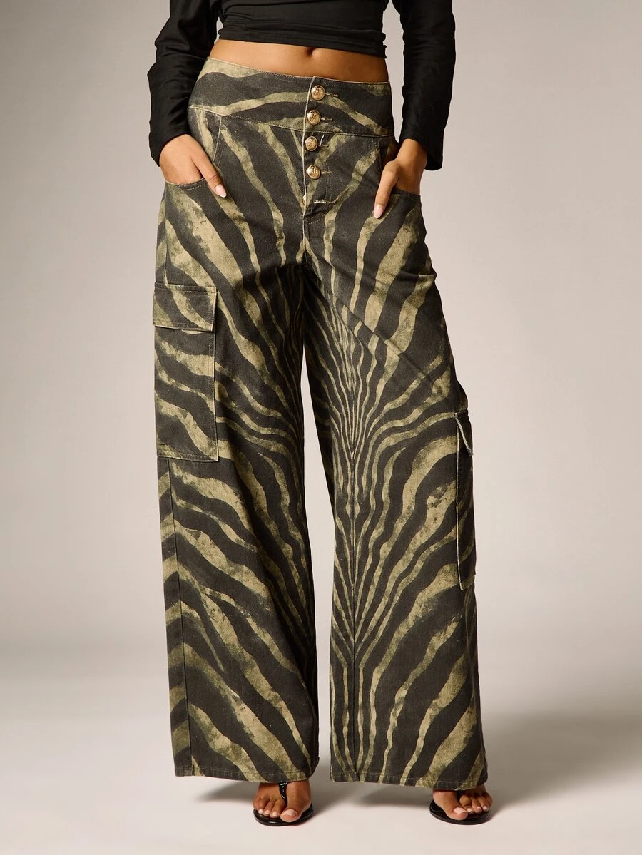 AiiRZ Zebra Print Wide Leg Cargo Pants With Gold Button Fly Low Rise Full Length Utility Pockets Streetwear Style - Black/Green - View 1