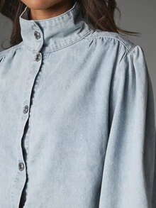 MISSGUIDED Cropped Denim Shirt With High Neck Puff Sleeves And Silver Snap Buttons Front Closure Casual Everyday Top - Light Wash - View 3