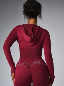 BABYPHAT Rhinestone Script Cropped Zip-Up Hoodie With Hood And Long Sleeves In Fitted Knit Style - Burgundy - View 2