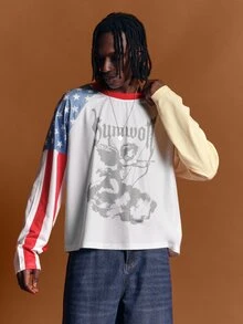 SUMWON Graphic Angel Print Long Sleeve Oversized Raglan Tee With American Flag Sleeve And Contrast Red Ringer Neckline - Multicolor - View 6