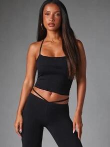 Missguided x Playboy Square Neck Halter Strappy Back Crop Cami Top With Ring Detail And Crossover Tie Waist Strap - Black - View 1