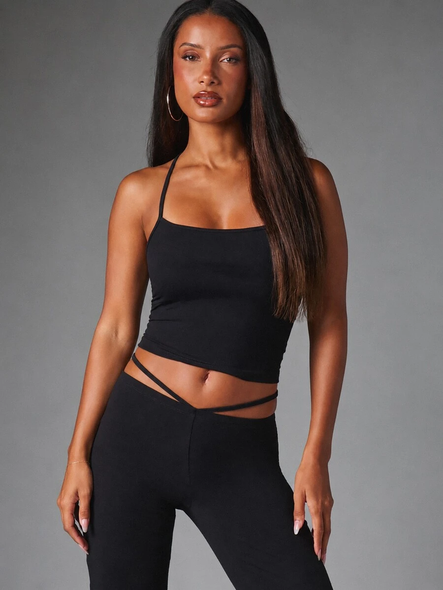 Missguided x Playboy Square Neck Halter Strappy Back Crop Cami Top With Ring Detail And Crossover Tie Waist Strap - Black - View 1