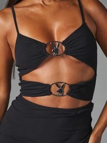Missguided x Playboy Đầm mini ôm sát Bunny Hardware cắt khoét, dây áo spaghetti, chi tiết vòng đôi và gấu váy bất đối xứng - màu đen - Xem 4
