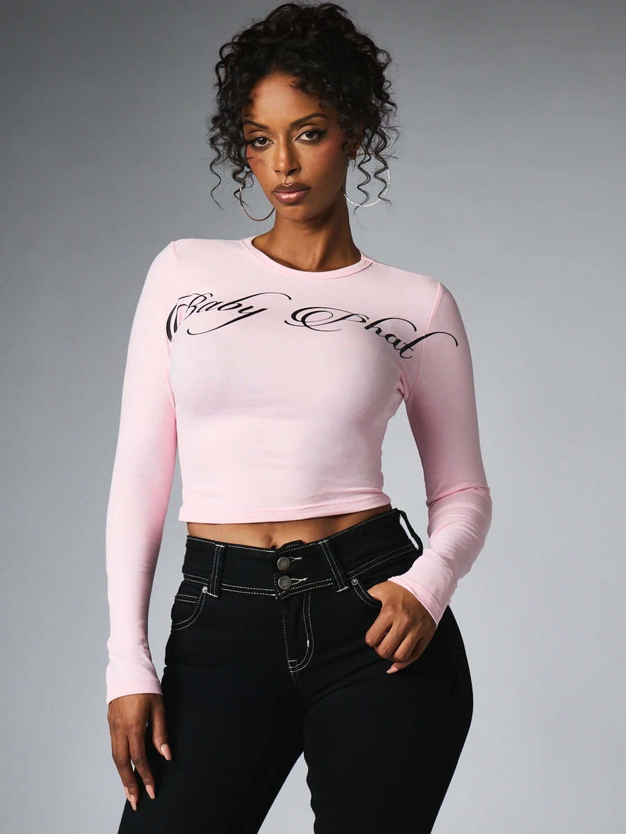 BABYPHAT Script Logo Crop Long Sleeve Crew Neck Fitted Tee Casual Everyday Streetwear Top - Baby Pink - View 1