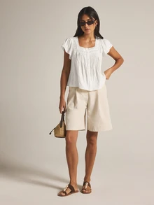KSTM Square Neck Flutter Sleeve Blouse With Eyelet Trim Pintuck Detail And Button Front Placket Relaxed Fit Crop Top - White - View 3
