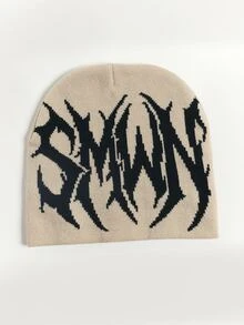 SUMWON Knit Beanie Hat With Bold Gothic Metal Logo Intarsia Print Slouchy Fit Cuffless Skull Cap - Beige - View 2