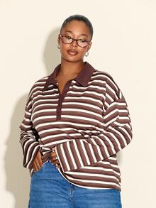 FASHION SZN PLUS SIZE STRIPED SOFT RIN RUGBY COLLAR TOP - Multicolor - View 3