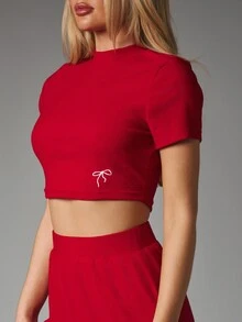 MISSGUIDED Mock Neck Crop Top And High Rise Wide Leg Pants Co-Ord Set With Bow Embroidery Detail - Red - View 5