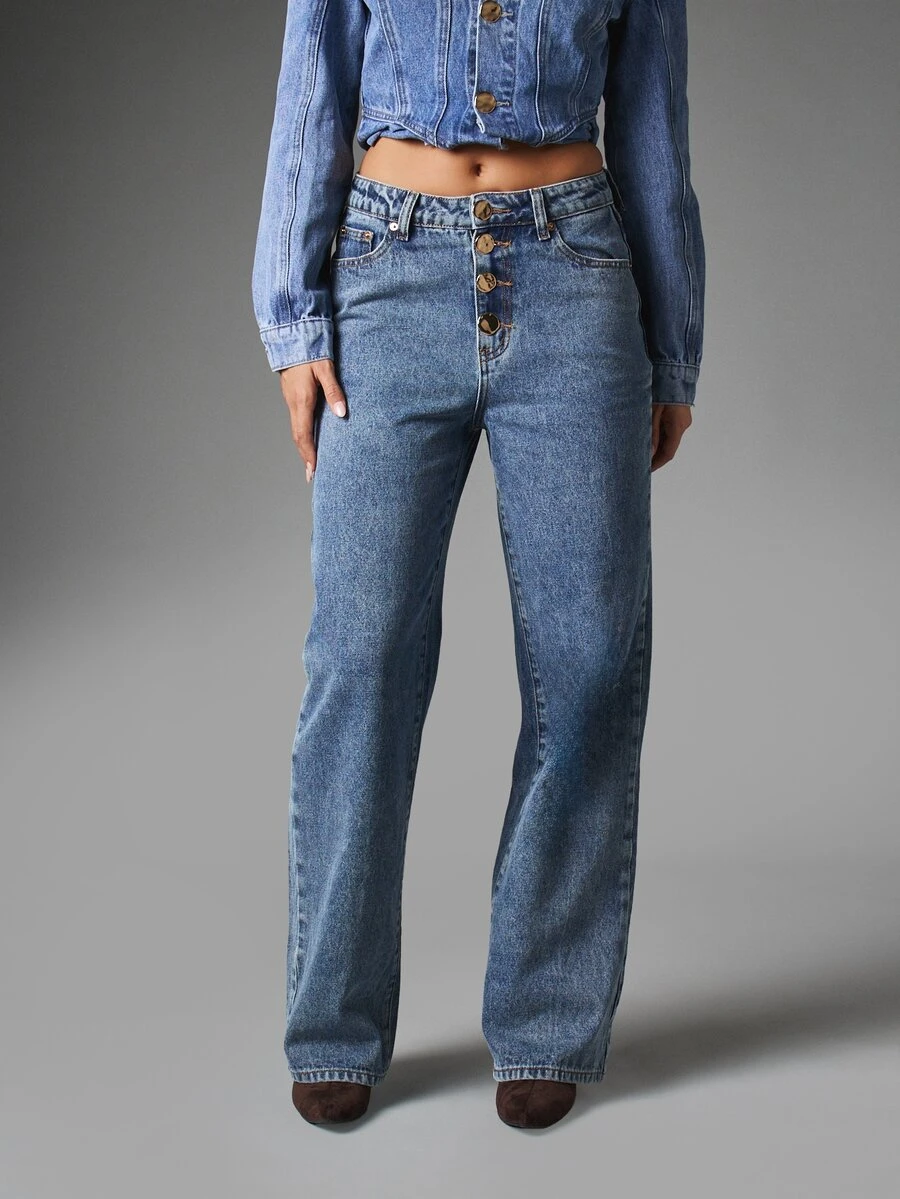 MISSGUIDED Quần jeans denim ống rộng cạp vừa dài toàn chân, cài nút, 5 túi, màu xanh wash, gấu thẳng, phong cách thường ngày casual - Màu xanh lam - Xem 1