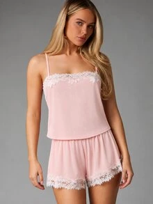 MISSGUIDED Ribbed Knit Cami And Shorts Lounge Set With Floral Lace Trim Square Neck Spaghetti Straps Co-Ord Two Piece - Baby Pink - View 4