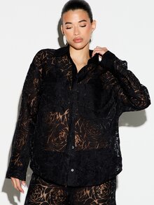 KIZN Sheer Burnout Velvet Floral Rose Button-Front Collared Shirt With Oversized Relaxed Fit And Long Sleeves - Blue - View 4