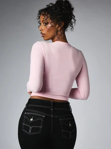 BABYPHAT Script Logo Crop Long Sleeve Crew Neck Fitted Tee Casual Everyday Streetwear Top - Baby Pink - View 2
