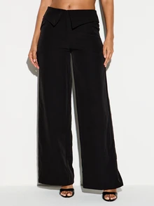 KIZN High Rise Wide Leg Dress Pants With Folded Waistband Detail Full Length Tailored Palazzo Trousers For Evening And Office Wear - Black - View 1